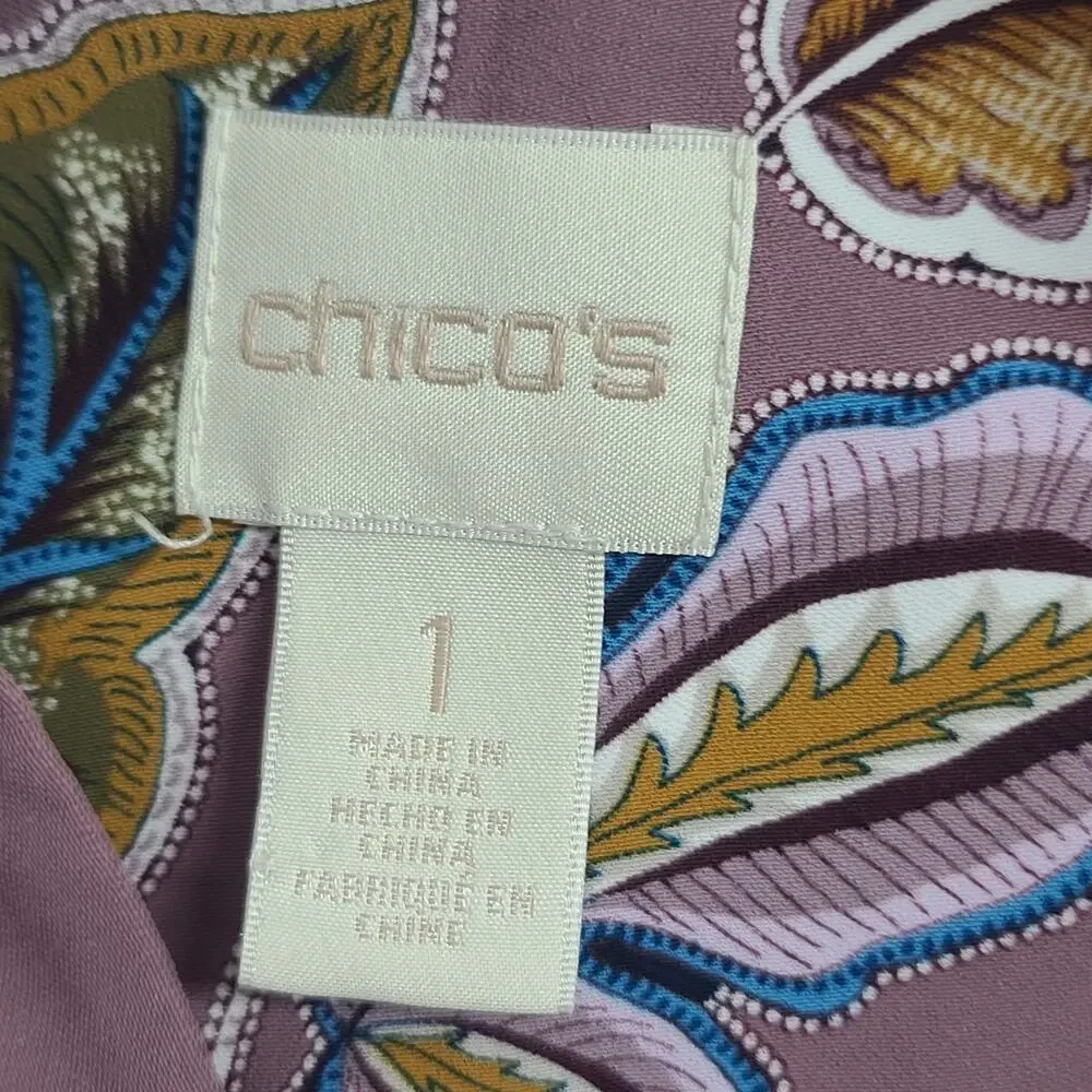 Chicos Top Blouse Mauve Paisley Floral 1 Med Purple Blue Jacobean Bouquet Ruffle - Picture 2 of 12